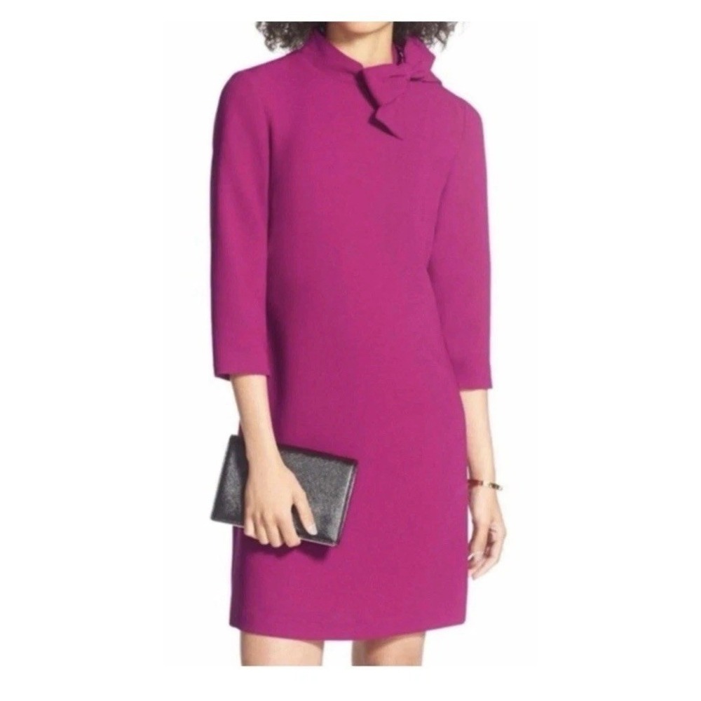 ELIZA J Sz 12 Magenta Pink Crepe Bow Neck 3/4 Sleeve Shift Cocktail Party Dress